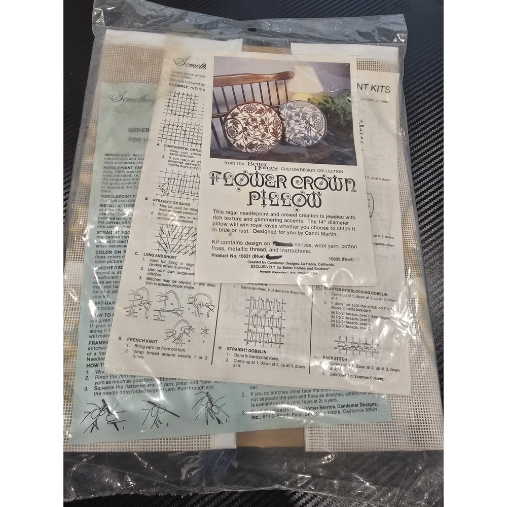 Vtg Better Homes Flower Crown Pillow Needlepoint Crewel Kit Candamar Blue SEALED